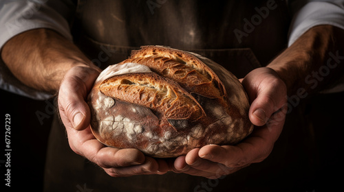 close-up of a man holding a loaf of bread in his hands on a dark background.Generative AI