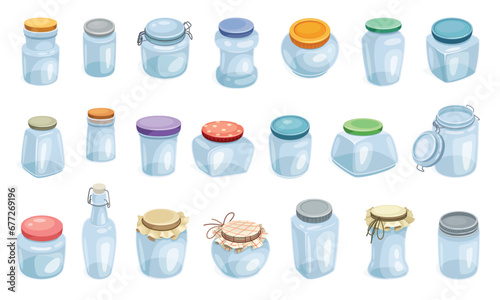 Cartoon empty jars. Kitchen glass mason jar with screw lid for seasonings or preserved food, jam bank pots cooking canning meal glassware container set neoteric vector illustration