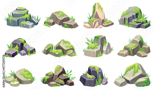 Moss on stones. Swamp green lichen rocks, wild forest mosses structure at rock piece stone rubble nature geology material, game lichens assets cartoon neoteric vector illustration
