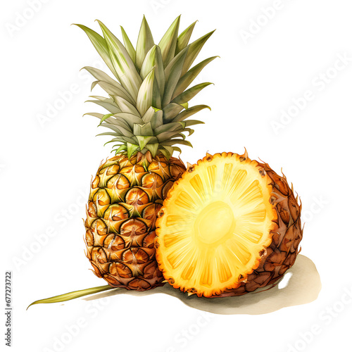 Illustration of a whole and sliced pineapple (ananas) with a vibrant leaf, on a transparent background, depicting freshness and health.