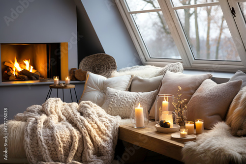 Cozy reading nook by fireplace. Bench with chunky knit blanket and pillows. Scandinavian farmhouse, hygge home interior design of modern living room in attic. Warm winter atmosphere with candles.