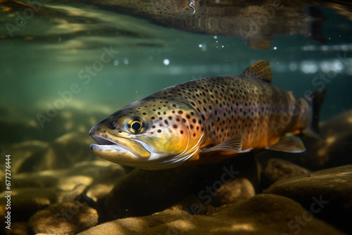Dive into the aquatic world as a big trout fish gracefully swims underwater captured in a mesmerizing photograph. Ai generated