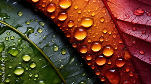 Close up of leaf with water droplet, nature macro photography concept