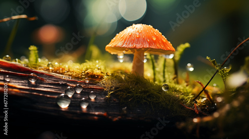 Nature macro photography, close up of mushroom with water droplets