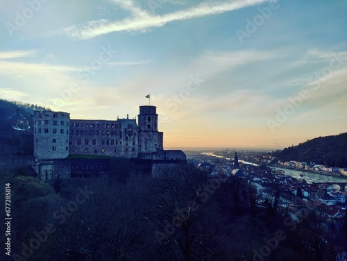 Drone shot of Heidelberg Castle on the northern slope of the Konigstuhl mountain at sunset