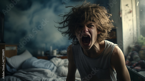 Angry teenager in his room, adolescent period concept, ai generated