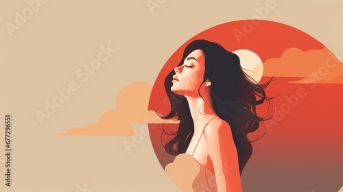 A feminism and empowerment background with woman with red hair on sky background