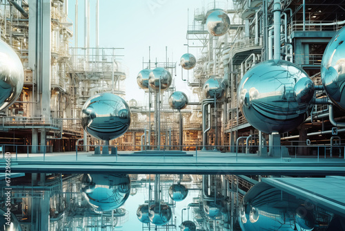 Futuristic Pipeline, storage tanks and pipe rack of petroleum, chemical, hydrogen or ammonia industrial plant. Industrial zone Close up