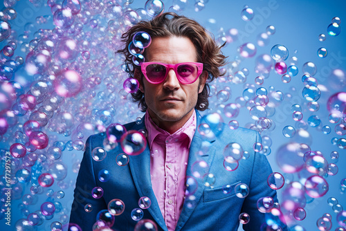 Homme avec des lunette de soleil posant dans un studio avec des bulles, portrait de mode