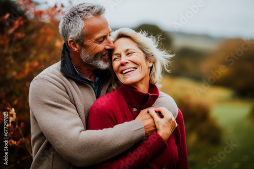 Couple sénior heureux se tenant dans les bras au cours d'une promenade dans la campagne