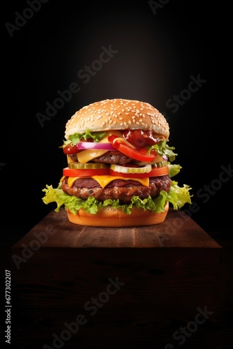 A close-up of a juicy burger on a wooden table