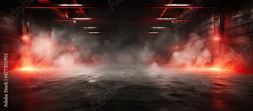 3D illustration of a dark underground garage with a red neon laser line glowing on concrete walls and floor creating a smoke fog effect Copy space image Place for adding text or design