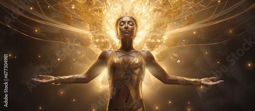 3D image of a glowing goddess with multiple arms in a meditative state Copy space image Place for adding text or design