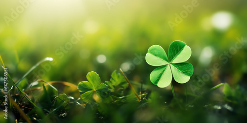 Good luck fourleaf clover standing out from a field creative digital illustration, Set of green leaf icons. Green color. Leafs green color icon logo. Leaves on sunrise background 