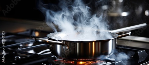 Boiling water on an induction stove in a kitchen Copy space image Place for adding text or design