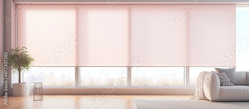 Automated blackout shades and electric curtains in a contemporary pastel colored interior with a glass wall Copy space image Place for adding text or design