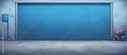Blue door and window in the garage Copy space image Place for adding text or design