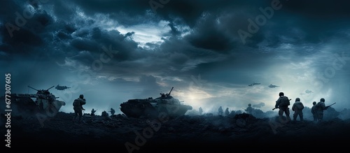 Battle scene depicting soldiers fighting below a foggy sky with an emphasis on armored vehicles Copy space image Place for adding text or design