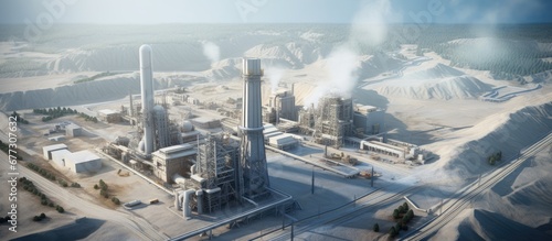 Bird s eye view of cement factory tower with tall concrete plant structure in industrial production zone Symbolizing manufacturing and global industry Copy space image Place for adding text or