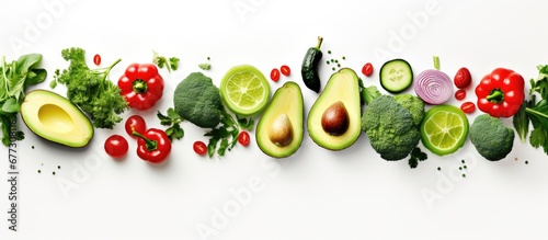 Avocado lime broccoli green pepper cucumber chilli pepper and zucchini arranged creatively in a flat lay depicting a food concept Green vegetables depicted on a white background Copy space imag