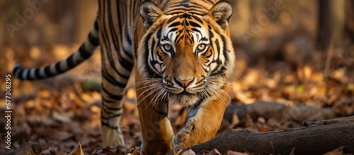 A tigress approaches a photographer in Pench tiger reserve Copy space image Place for adding text or design