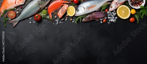 Assorted fresh raw seafood on black slate Top view with copy space Copy space image Place for adding text or design