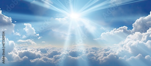 Beautiful cloudy sky with sunshine Peaceful natural background Sunny divine heaven Religion heavenly concept Copy space image Place for adding text or design