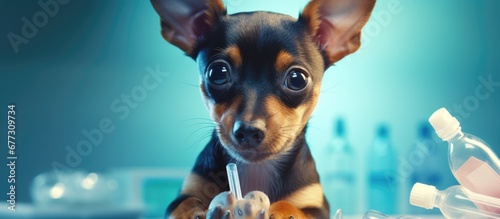 A vet at the clinic administers a liquid medication to a toy terrier using a syringe from an animal pharmacy Copy space image Place for adding text or design