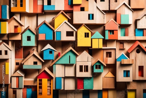 Image of wooden colorful house model. Real estate and uncertainty concept
