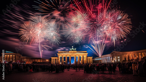 new years eve with fireworks over Berlin: Brandenburg Gate and fireworks