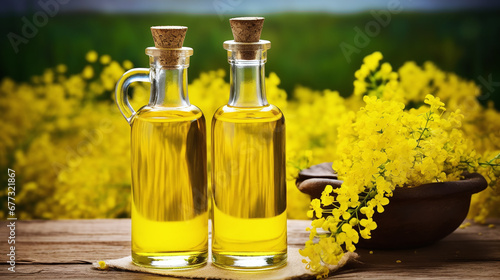 Still life with rapeseed oil in bottles with rape flowers as decortation on a wooden table against a green background 