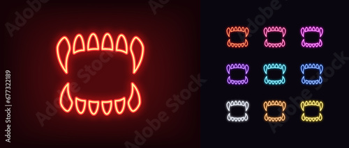 Outline neon fangs icon set. Glowing neon monster teeth with sharp fangs. Scary vampire teeth, dracula fangs, beast jaw and spooky grin, angry monster mouth. Horror, fear and nightmare. Vector icons