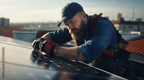 A solar power engineer is installing solar panels on the roof while an electrical technician is at work, This illustrates the concept of alternative renewable green energy generation,
