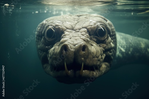 An anaconda submerged in water, with just its head visible