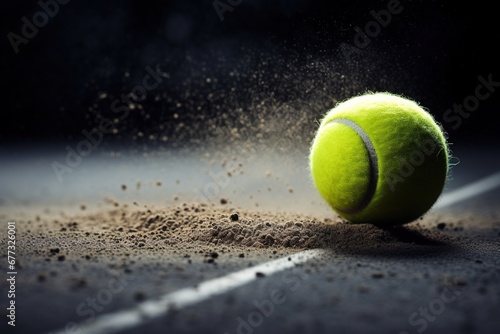 A close-up of a tennis ball with chalk dust, post-line call
