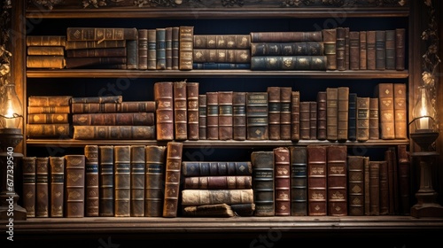 Vintage old books on wooden shelf