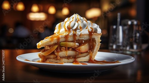 Delicious apple pie charlotte with caramel on the plate. slice of apple pie with caramel in luxury plate at cafe.