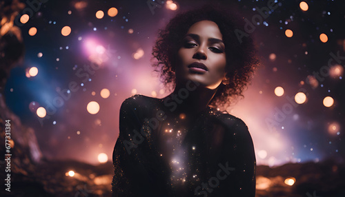 Portrait of a beautiful african american woman with curly hairstyle wearing black dress and glittering makeup.