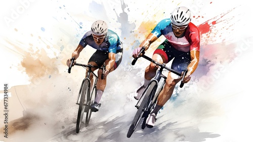 Cyclist athletes riding a race at high speed. Cycling competition water colour art illustration. generative AI