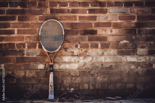 A vintage wooden tennis racket leaning against an old brick wall