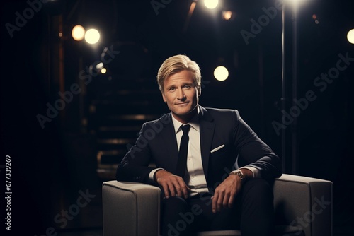 gordon ramsay sitting in a white chair with lights on him