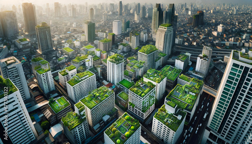 Aerial view of a cityscape with green rooftop gardens.