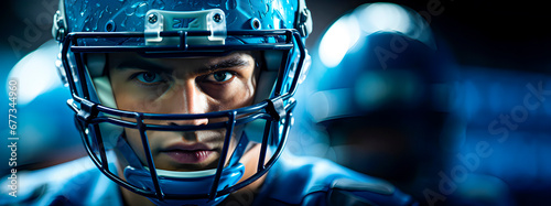 A close-up photo of an American football player. Space for text