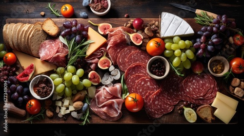  a platter of meats, cheeses, fruit, and crackers is displayed on a wooden table.