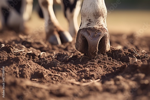 Close-up of a little cow’s hooves in soft soil