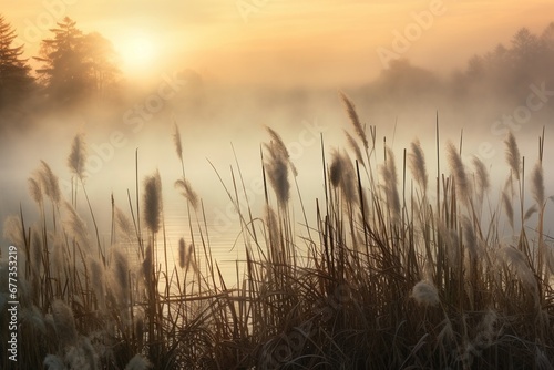 Cattails swaying at the edge of a foggy marshland