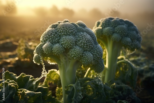 Dew-kissed broccoli crowns at sunrise