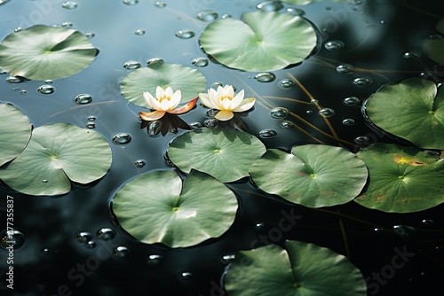 Dew-speckled lotus leaves floating in a serene pond