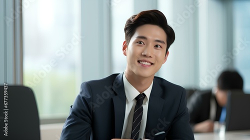 Young happy korean business man worker or student sitting at meeting table listening attentively at work office meeting, education training class or conference event. generative AI