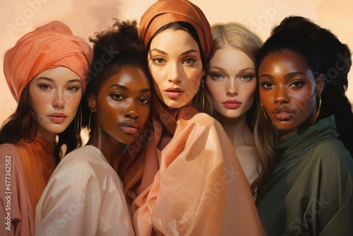 Artistic portrayal of diverse feminine beauty in muted empowering tint palette 